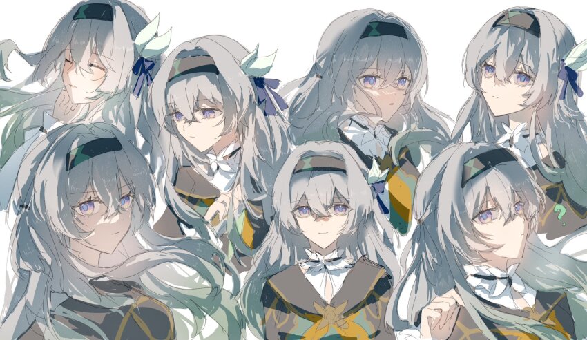 black_bridal_gauntlets black_hairband black_jacket bridal_gauntlets cropped_jacket firefly_(honkai:_star_rail) grey_hair hair_intakes hairband highres honkai:_star_rail honkai_(series) jacket minutes_(minutes_draw) multicolored_eyes multiple_girls neckerchief orange_neckerchief two-tone_eyes