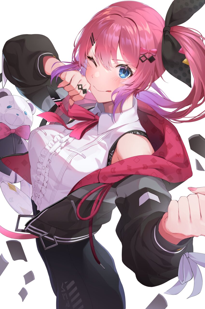 1girl ;q absurdres alicecoco bare_shoulders black_jacket black_shorts blue_eyes bow bowtie breasts center_frills clenched_hand collared_shirt cropped_jacket drawstring frills from_side gradient_hair hair_ornament hairclip highres jacket kuramochi_meruto kuramochi_meruto_(1st_costume) long_hair long_sleeves looking_at_viewer medium_breasts multicolored_hair nijisanji one_eye_closed open_clothes open_jacket pink_bow pink_bowtie pink_hair pink_nails purple_hair shirt shorts side_ponytail sleeveless sleeveless_shirt smile solo stuffed_animal stuffed_toy teddy_bear tongue tongue_out v-shaped_eyebrows virtual_youtuber white_shirt zipper