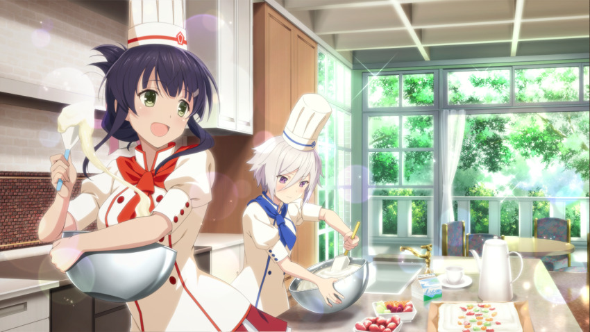 2girls :d batter blue_neckerchief blush bowl chair chef_hat cup day folded_ponytail food fruit game_cg green_eyes grey_hair hat holding holding_bowl indoors itomi_sayaka mixing_bowl multiple_girls neckerchief official_art open_mouth puffy_short_sleeves puffy_sleeves purple_eyes purple_hair red_neckerchief red_skirt shirt short_hair short_sleeves sink skirt smile table teapot toji_no_miko toji_no_miko:_kizamishi_issen_no_tomoshibi v-shaped_eyebrows white_hat white_shirt window yanase_mai