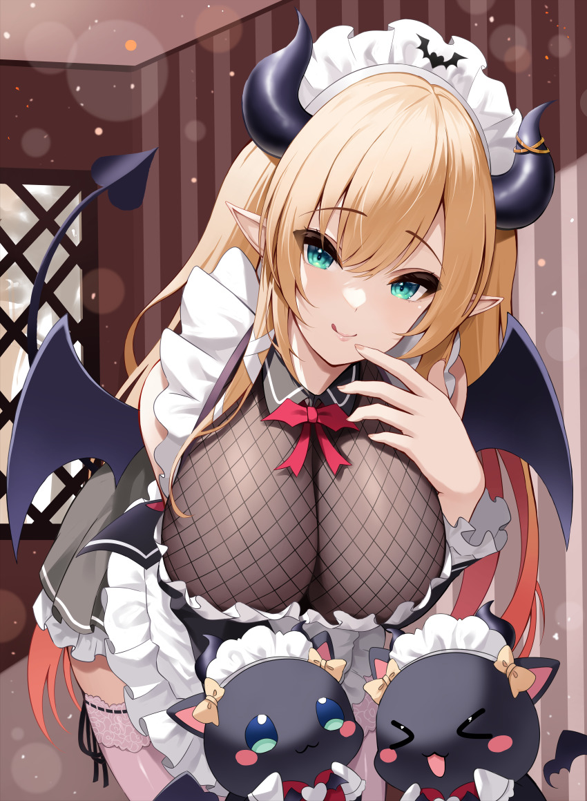 &gt;_&lt; 1girl :d :q absurdres black_skirt blonde_hair blue_eyes breasts cleavage closed_mouth demon_girl demon_horns demon_tail demon_wings fishnet_top fishnets frilled_skirt frills gradient_hair hair_between_eyes highres hololive horns large_breasts leaning_forward long_hair long_sleeves looking_at_viewer maid_headdress multicolored_hair open_mouth orange_hair pink_thighhighs pointy_ears roina_(effj7473) see-through_clothes see-through_cleavage skirt smile solo tail thighhighs tongue tongue_out very_long_hair virtual_youtuber wings xd yuzuki_choco yuzuki_choco_(maid)