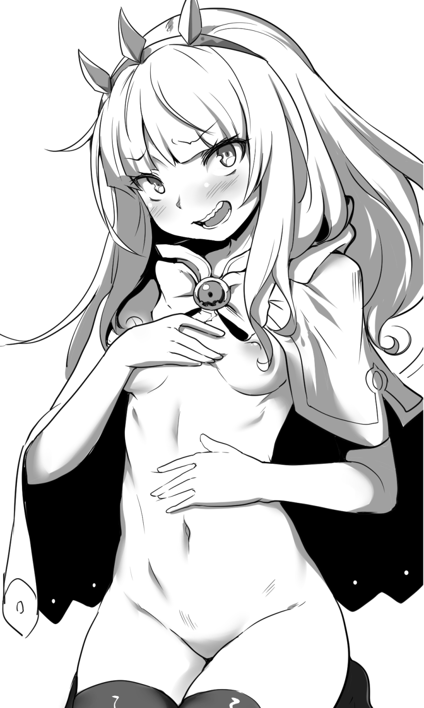 10s 1girl blunt_bangs blush breasts brooch cagliostro_(granblue_fantasy) cape covering_breasts covering_privates female_focus granblue_fantasy greyscale hair_ornament highres jewelry long_hair monochrome naked_cape navel nipples small_breasts solo taku thighhighs yukisaki_miale