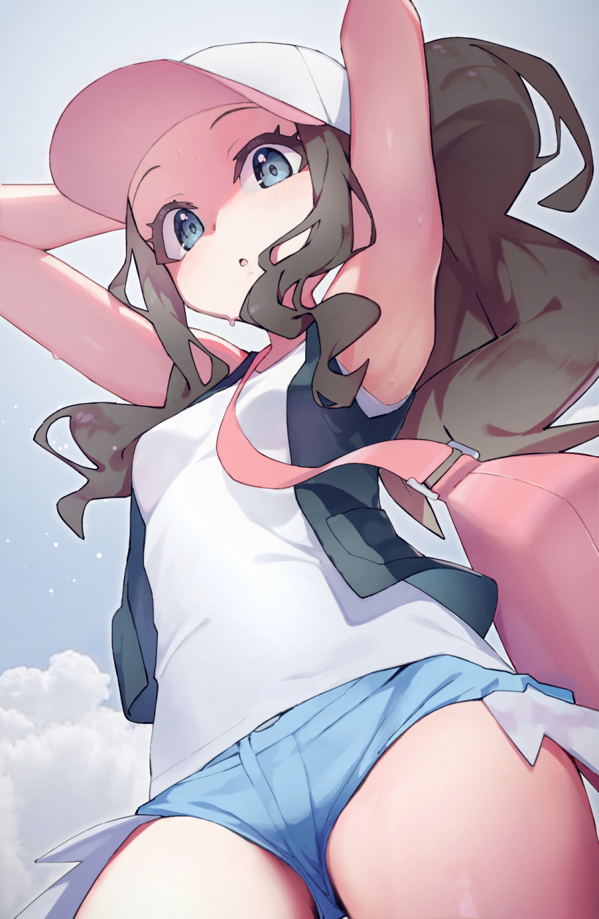 1girl armpits arms_behind_head arms_up baseball_cap black_vest blue_eyes blue_shorts breasts brown_hair cloud cloudy_sky contrapposto cowboy_shot creatures_(company) cutoffs day denim denim_shorts game_freak hat highres hilda_(pokemon) light_blush long_hair looking_at_viewer looking_down nintendo open_mouth outdoors pink_hat pokemon pokemon_bw ponytail rindoriko shirt short_shorts shorts sidelocks sky sleeveless sleeveless_shirt small_breasts solo straight_hair sweat two-tone_hat vest white_hat white_shirt