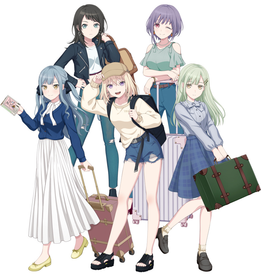 5girls ave_mujica_(bang_dream!) backpack bag bang_dream! bang_dream!_it&#039;s_mygo!!!!! baseball_cap bead_necklace beads belt black_bag black_belt black_footwear black_hair black_jacket black_ribbon blue_cardigan blue_eyes blue_hair blue_pants blue_shirt blue_shorts blue_skirt bow bowtie breasts brown_bag brown_belt brown_hat cardigan crop_top dress earrings green_hair grey_bow grey_bowtie grey_footwear grey_shirt hair_ornament hair_ribbon hairclip hand_on_own_hip hat highres jacket japan_railways jewelry long_hair long_sleeves medium_breasts medium_hair midriff misumi_uika multiple_girls multiple_rings necklace official_art one_eye_closed open_clothes open_jacket open_mouth pants pink_eyes plaid_clothes plaid_skirt purple_eyes purple_hair ribbon ring rolling_suitcase shirt short_hair short_shorts shorts sidelocks simple_background skirt suitcase sweater sweater_partially_tucked_in teeth togawa_sakiko torn_clothes torn_pants transparent_background upper_teeth_only wakaba_mutsumi white_dress white_shirt white_sweater yahata_umiri yellow_eyes yuutenji_nyamu