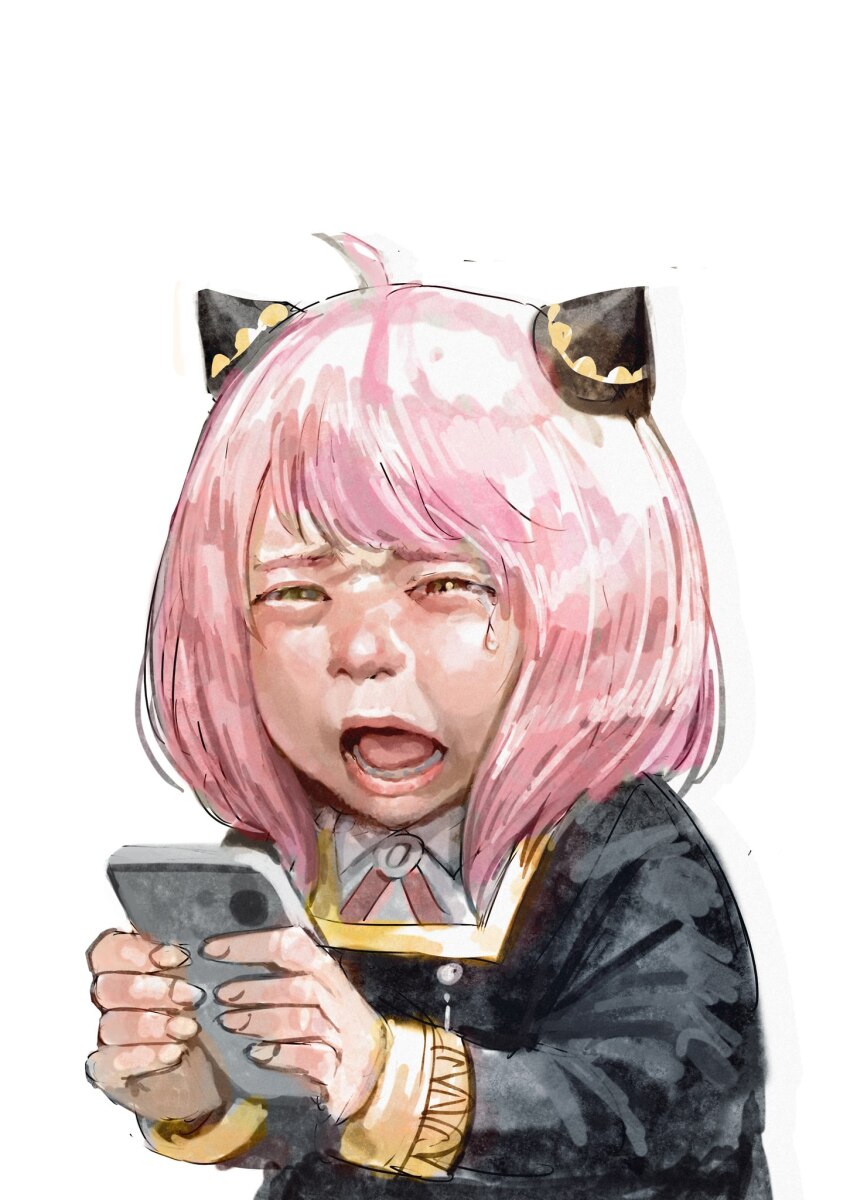 1girl ahoge anya_(spy_x_family) black_dress breasts cirenk crying dress female_focus half-closed_eyes holding holding_phone looking_at_viewer medium_breasts open_mouth phone pink_hair realistic solo spy_x_family teeth tongue white_background