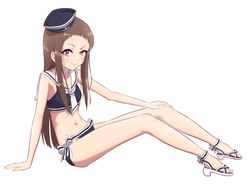 1girl bikini black_bikini black_hat brown_hair e_sen_a1000 feet hat idolmaster idolmaster_cinderella_girls koseki_reina legs long_hair navel sailor_bikini sailor_collar sailor_swimsuit_(idolmaster) sandals sitting smile solo swimsuit thighs toes