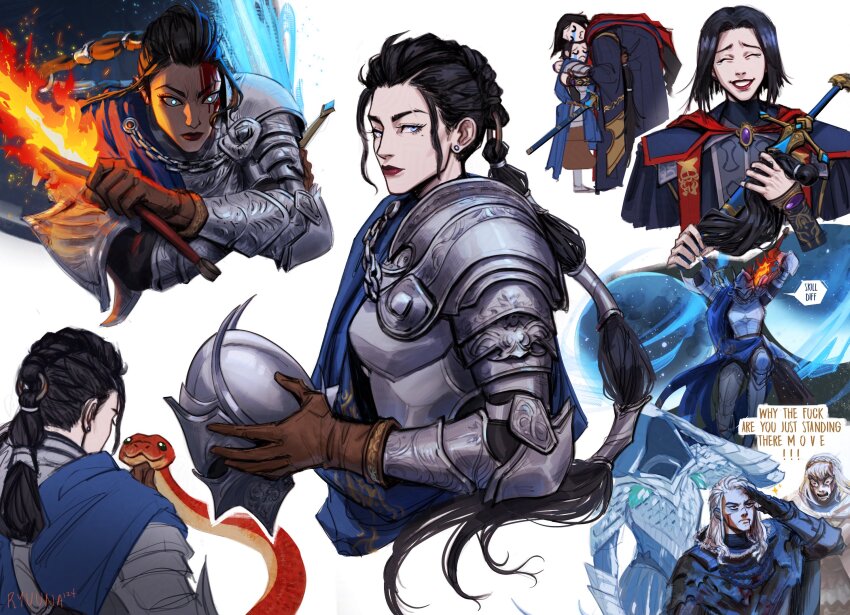 5girls ^_^ angry armor artist_name bent_over black_hair black_knife_tiche blood blood_from_mouth blood_on_face blue_eyes blue_robe blue_surcoat braid braided_ponytail brown_gloves closed_eyes commentary dual_wielding elden_ring elden_ring:_shadow_of_the_erdtree english_commentary english_text eyebrow_cut flaming_sword flaming_weapon full_armor furious gloves glowing glowing_eyes glowing_sword glowing_weapon grace_kim_(ryuuna) grin helmet highres holding holding_helmet holding_sword holding_weapon hug long_hair looking_at_another looking_at_viewer makeup mole mole_under_eye multiple_girls multiple_views needle_knight_leda red_lips red_snake rellana_twin_moon_knight rennala_queen_of_the_full_moon robe salute serious short_hair shouting siblings sideways_glance simple_background sisters smile snake speech_bubble sword tarnished_(elden_ring) tearing_up tears weapon white_background white_hair