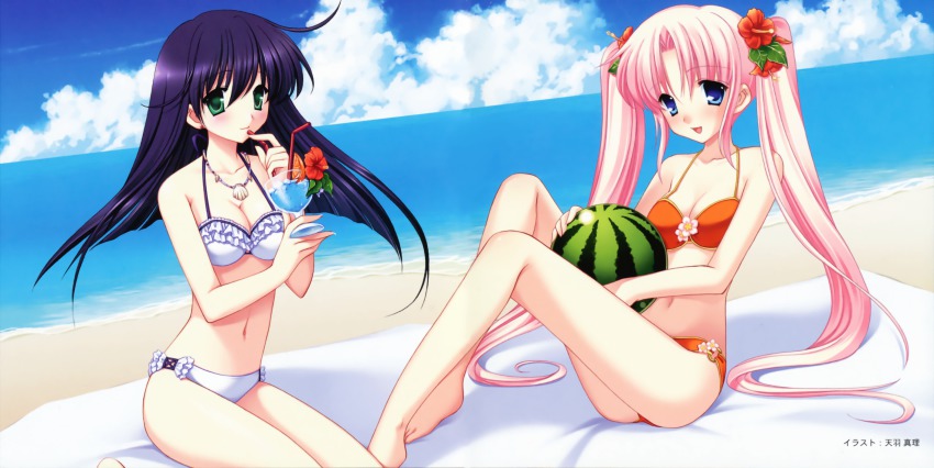 2girls amou_mari barefoot beach bikini blanket blue_eyes blue_hair blush bra breasts cleavage cloud cocktail copyright_request day flower food frills fruit green_eyes hair_flower hair_ornament hibiscus highres jewelry lingerie long_hair medium_breasts multiple_girls necklace outdoors pink_hair sky swimsuit tropical_drink twintails underwear very_long_hair watermelon