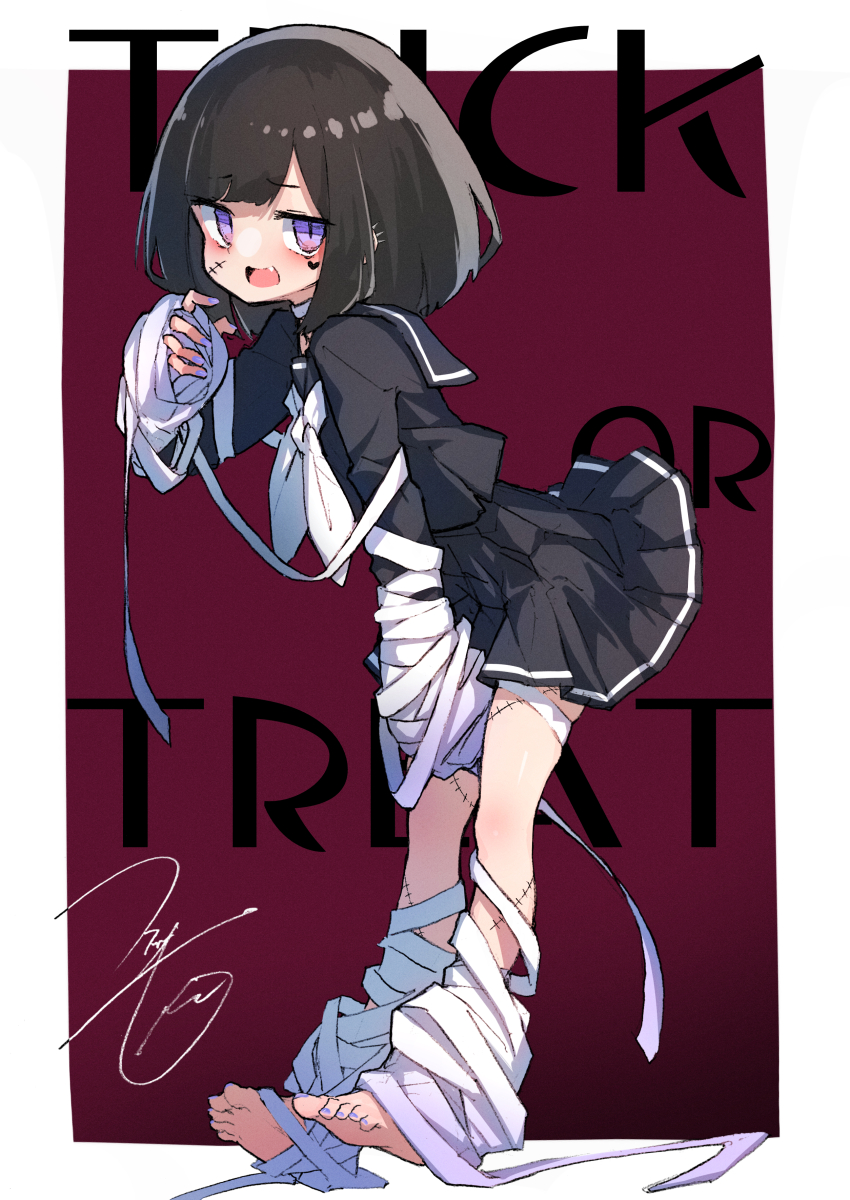 1girl absurdres bandaged_arm bandaged_leg bandages black_hair black_shirt black_skirt ear_piercing fang fukutchi halloween hand_between_thighs heart heart_tattoo highres kouhai-chan_(fukutchi) looking_at_viewer original piercing purple_eyes school_uniform serafuku shirt short_hair simple_background skirt solo stitched_face stitched_leg stitches tattoo trick_or_treat two-tone_background