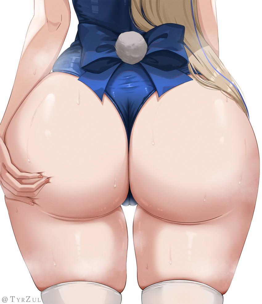 1girl ass ass_focus blonde_hair blue_archive blue_leotard cameltoe fake_tail hand_on_own_ass highres leotard long_hair playboy_bunny rabbit_tail simple_background skindentation solo sweat tail thighhighs thighs toki_(blue_archive) toki_(bunny)_(blue_archive) tyrzul white_background white_thighhighs