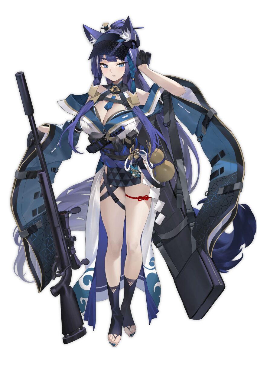 1girl absurdly_long_hair absurdres animal_ear_fluff animal_ear_request animal_ears arched_back black_gloves black_socks blue_eyes blue_hair blue_nails breasts cleavage clenched_teeth clothing_request detached_sleeves dress full_body gloves gourd gun half_gloves hand_up highres holding holding_gun holding_weapon huge_breasts long_dress long_hair long_sleeves looking_at_viewer multicolored_hair no_shoes original ramuri red_ribbon ribbon sidelocks simple_background socks solo streaked_hair teeth thigh_strap toeless_footwear toes very_long_hair weapon white_background white_dress wide_sleeves