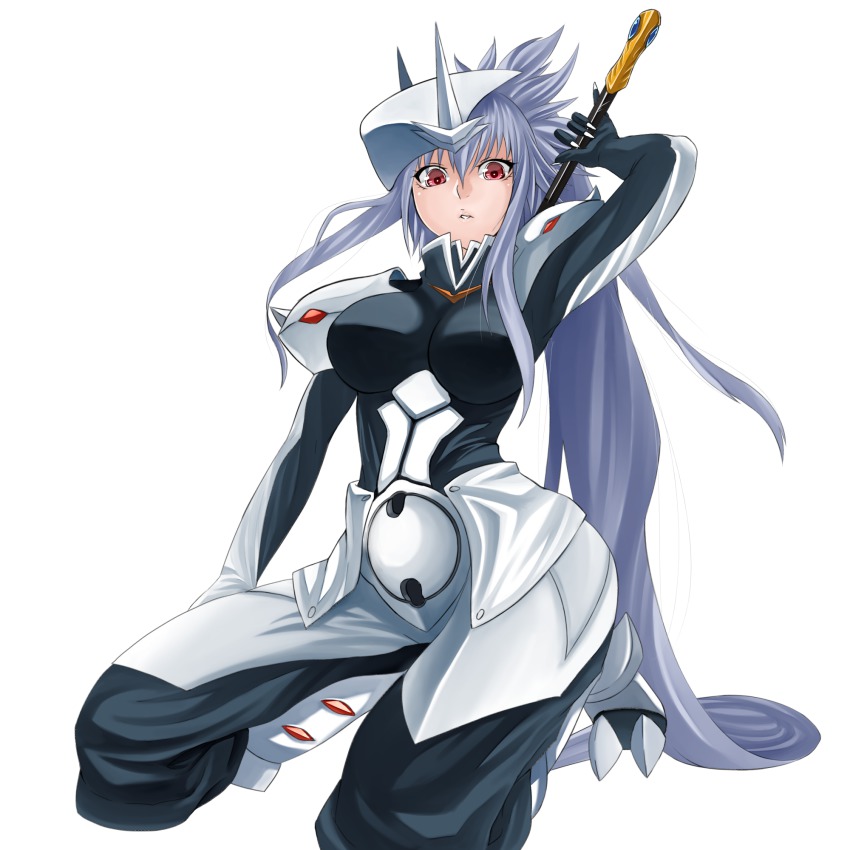 1girl arc_system_works armor blazblue breasts female_focus gender_request genderswap hakumen highres kneeling large_breasts long_hair looking_at_viewer mask ong_(0000ong) parted_lips red_eyes silver_hair solo sword very_long_hair weapon