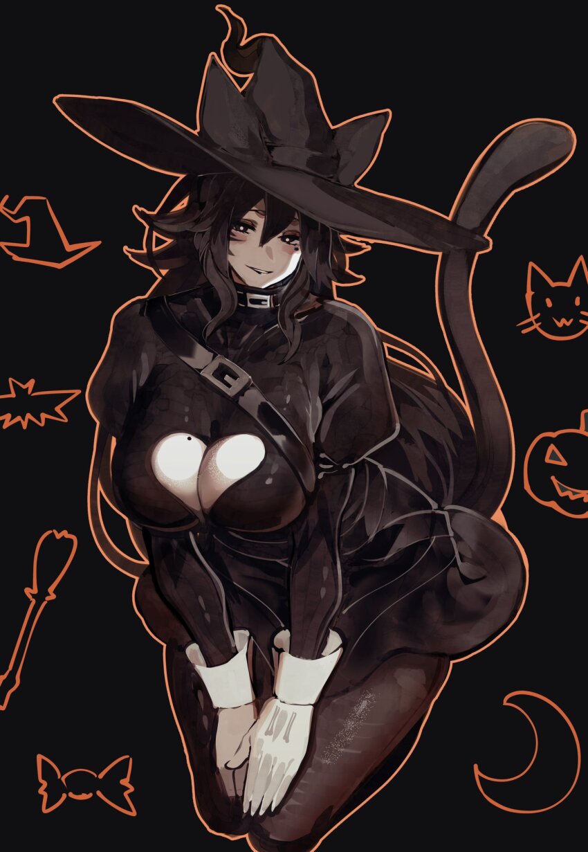 animal_ears black_dress black_eyes black_hair black_pantyhose breasts cat_ears cat_tail cleavage cleavage_cutout clothing_cutout dress fake_animal_ears gloves hat heart_cutout highres kneeling large_breasts leather light_smile long_sleeves medium_hair messy_hair original pantyhose parted_lips puffy_sleeves seiza sitting tail tomatolover16 white_gloves witch_hat