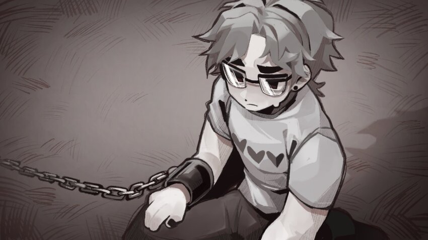 1boy chain commentary cuffs english_commentary glasses greyscale heart hulatie kneeling male_focus minecraft_youtube monochrome parody shirt short_hair short_sleeves slay_the_princess slimecicle solo sweat