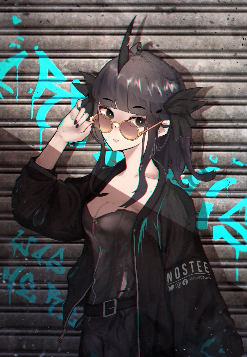 1girl absurdres adjusting_eyewear artemis_of_the_blue artist_name atelier_live black_eyes black_hair black_jacket black_nails blunt_bangs chromatic_aberration facebook_logo graffiti highres instagram_logo jacket nostdoro open_clothes open_jacket paint_on_clothes parted_lips shark_fin shark_girl solo twitter_logo virtual_youtuber