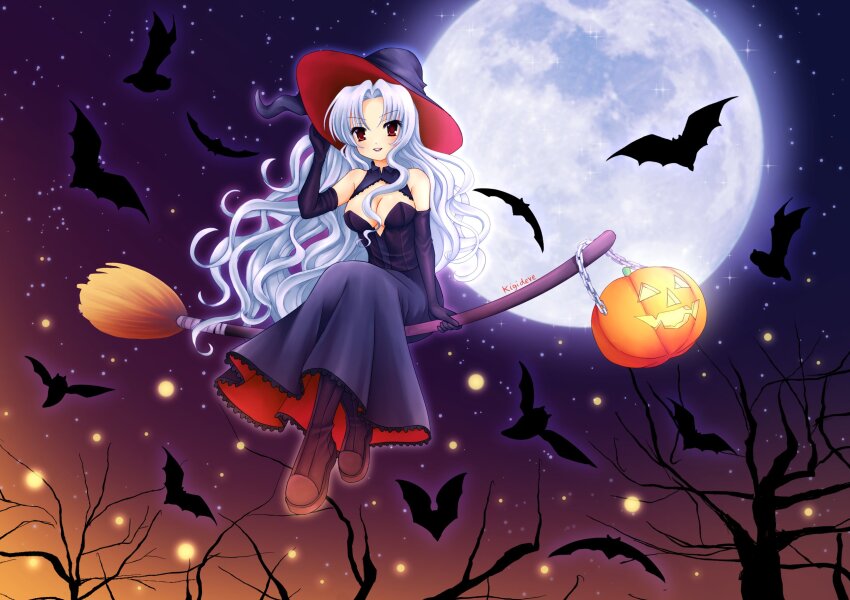 1girl artist_name bare_shoulders bare_tree bat_(animal) blue_hair boots breasts broom broom_riding brown_footwear commentary dress elbow_gloves english_commentary fireflies full_moon gloves halloween hand_on_headwear hand_up hat highres jack-o&#039;-lantern kigidere light_blue_hair long_dress long_hair looking_at_viewer medium_breasts moon night open_mouth original outdoors purple_gloves purple_hat red_eyes sitting sky smile solo star_(sky) starry_sky strapless strapless_dress tree very_long_hair wavy_hair witch witch_hat