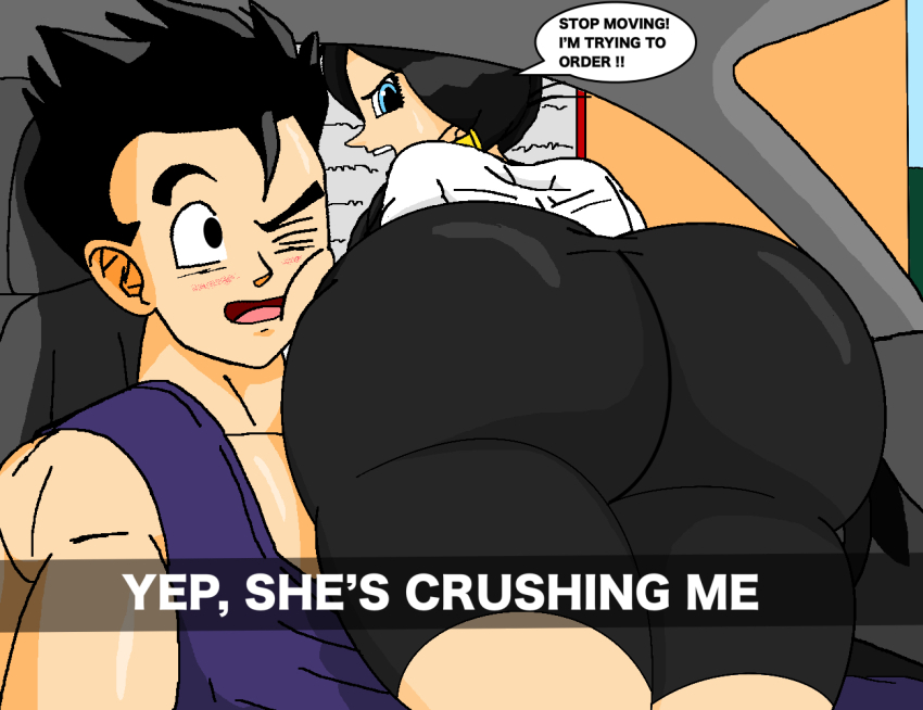 1boy 1girl ass ass_focus black_eyes black_hair black_shorts blue_eyes blush clothed_female_clothed_male clothes crushing curvy dragon_ball dragonball_z drive-thru english_text hetero huge_ass in_vehicle looking_at_another looking_back one_eye_closed open_mouth saiyan shiny_clothes shiny_skin shirt shorts skyfall1999 smile snapchat son_gohan speech_bubble tagme thick_body thick_butt thick_thighs thighs twintails videl white_shirt wide_hips