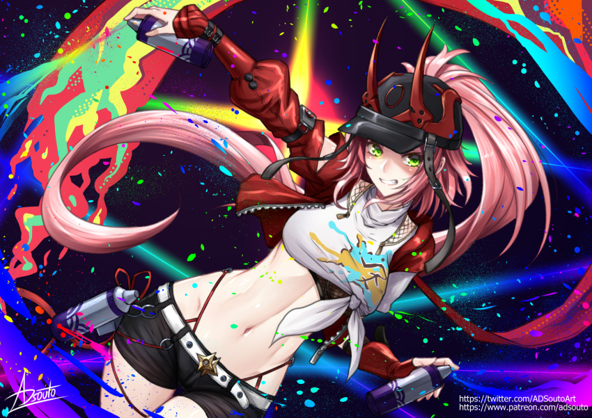 1girl adsouto baseball_cap bottle breasts cropped_jacket fake_horns gloves green_eyes grin hat highres honkai:_star_rail honkai_(series) horns jacket long_hair looking_at_viewer medium_breasts navel pink_hair ponytail rappa_(honkai:_star_rail) red_jacket shorts signature single_glove smile solo spray_bottle variant_set very_long_hair