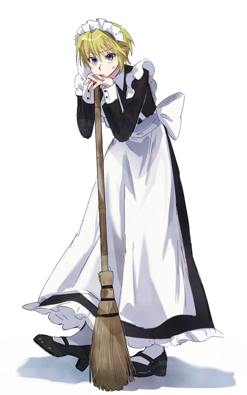 1boy alternate_costume androgynous apron black_dress black_footwear blonde_hair blue_eyes closed_mouth crossdressing dress fr_ost_s full_body highres hunter_x_hunter kurapika leaning_on_broom long_skirt long_sleeves looking_at_viewer maid maid_apron maid_headdress male_focus pantyhose short_hair simple_background skirt solo standing sweatdrop waist_apron white_apron white_background white_pantyhose wrist_cuffs