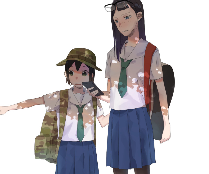 2girls asakusa_midori asymmetrical_bangs ayaki_(43510) backpack bag black_hair blue_eyes blue_skirt bucket_hat camouflage_bag camouflage_hat camouflage_headwear commentary eizouken_ni_wa_te_wo_dasu_na! eyewear_on_head freckles glasses hat highres kanamori_sayaka light_rays long_hair multiple_girls over-rim_eyewear school_uniform semi-rimless_eyewear simple_background skirt white_background