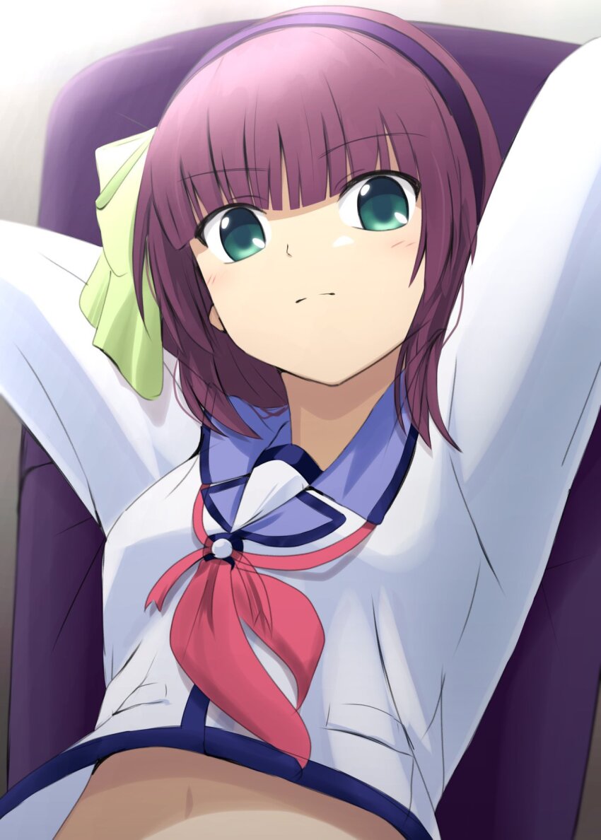 1girl angel_beats! arms_behind_back breasts chair closed_mouth commentary_request green_eyes green_ribbon hair_ribbon hairband highres lelie_(lelie_link) looking_at_viewer medium_breasts midriff nakamura_yuri navel neck_ribbon purple_hair purple_hairband red_ribbon ribbon shinda_sekai_sensen_uniform shirt short_hair sitting solo stomach upper_body white_shirt