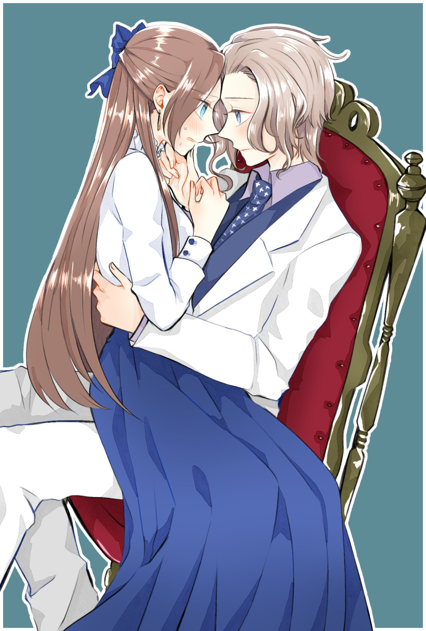 1boy 1girl 3so4ru5959 arm_around_waist blazer blue_bow blue_eyes blue_neckwear blue_skirt blue_vest blush bow brother_and_sister brown_hair closed_mouth commentary_request dress_shirt frown hair_bow hand_on_another&#039;s_chin highres jacket katarina_claes keith_claes light_brown_hair light_smile long_hair long_skirt necktie on_chair otome_game_no_hametsu_flag_shika_nai_akuyaku_reijou_ni_tensei_shite_shimatta outline pants parted_lips pleated_skirt purple_shirt shirt siblings sitting sitting_on_lap sitting_on_person skirt step-siblings vest white_jacket white_outline white_pants white_shirt wing_collar wooden_chair