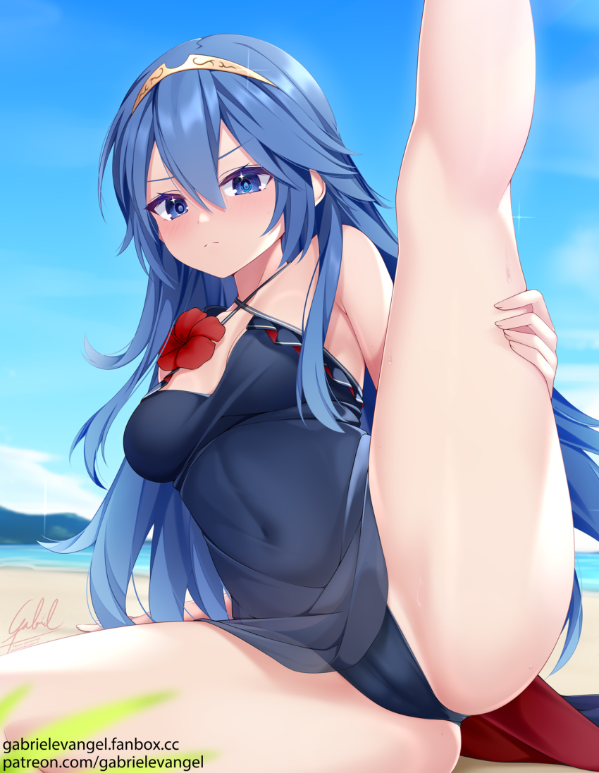 1girl arm_support artist_name bare_shoulders beach bikini blue_bikini blue_eyes blue_hair blue_sky blush breasts cameltoe cleavage closed_mouth commentary commission covered_navel criss-cross_halter day english_commentary fire_emblem fire_emblem_awakening fire_emblem_heroes flower gabriel_evangel halterneck hibiscus highres leaning_back leg_up long_hair lucina_(fire_emblem) lucina_(summer)_(fire_emblem) medium_breasts nintendo official_alternate_costume on_ground outdoors reclining red_flower see-through_clothes signature sky solo sparkle spread_legs swimsuit tiara v-shaped_eyebrows very_long_hair watermark web_address