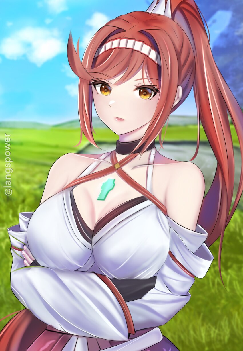 1girl absurdres arms_under_breasts black_collar black_gloves blue_sky blurry blurry_background breasts brown_eyes cleavage closed_mouth cloud cloudy_sky collar collarbone commentary_request crossed_arms day depth_of_field fingerless_gloves glimmer_(xenoblade) gloves hair_intakes high_ponytail highres langspower long_hair medium_breasts outdoors ponytail red_hair sky solo twitter_username very_long_hair xenoblade_chronicles_(series) xenoblade_chronicles_3 xenoblade_chronicles_3:_future_redeemed