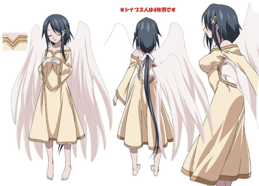 1girl angel_wings bare_back bare_shoulders barefoot bell black_hair breasts character_sheet commentary_request dress from_side full_body hair_bell hair_ornament hair_ribbon highres jingle_bell kazane_hiyori large_breasts long_hair multiple_views ribbon sideboob simple_background sora_no_otoshimono translation_request watanabe_yoshihiro white_background white_ribbon white_wings wide_sleeves wings yellow_dress