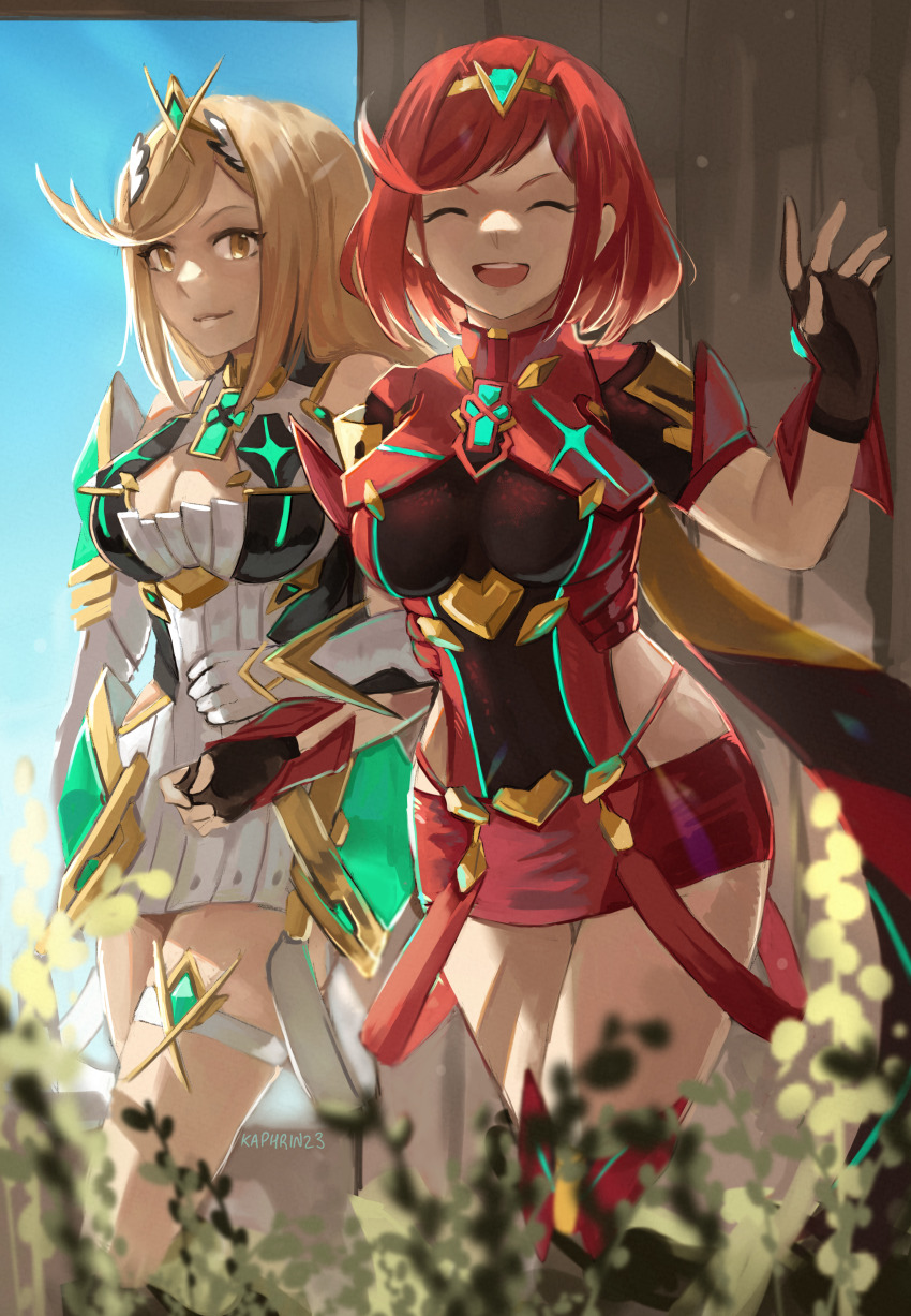 2girls absurdres blonde_hair breasts chest_jewel cleavage dress fingerless_gloves gloves headpiece highres hip_vent kaphrin locked_arms long_hair medium_breasts medium_hair microskirt multiple_girls mythra_(xenoblade) pyra_(xenoblade) red_hair red_skirt short_dress skirt smile swept_bangs tiara xenoblade_chronicles_(series) xenoblade_chronicles_2