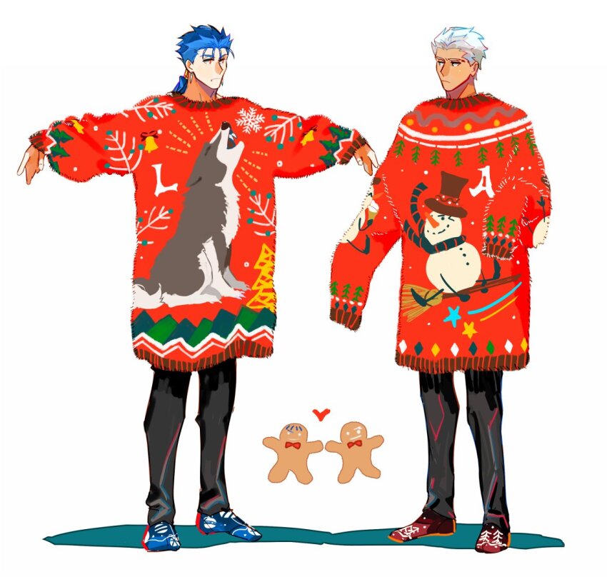 2boys archer_(fate) black_pants blue_hair christmas closed_mouth crimo cu_chulainn_(fate) cu_chulainn_(fate/stay_night) fate/stay_night fate_(series) full_body gingerbread_man heart long_hair looking_at_another male_focus multiple_boys pants ponytail red_sweater simple_background sleeves_past_fingers sleeves_past_wrists socks sweater ugly_sweater white_background