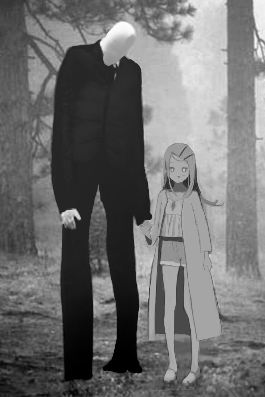 1boy 1girl black_suit coat commentary creepypasta cross-laced_clothes faceless forest formal frilled_shirt frills full_body gakuen_idolmaster greyscale hair_ornament hairclip height_difference highres holding_hands idolmaster loafers long_hair looking_at_viewer looking_down monochrome nature no_pupils outdoors pants shinosawa_hiro shirt shoes shorts slender_man slime_kouhai standing suit tree