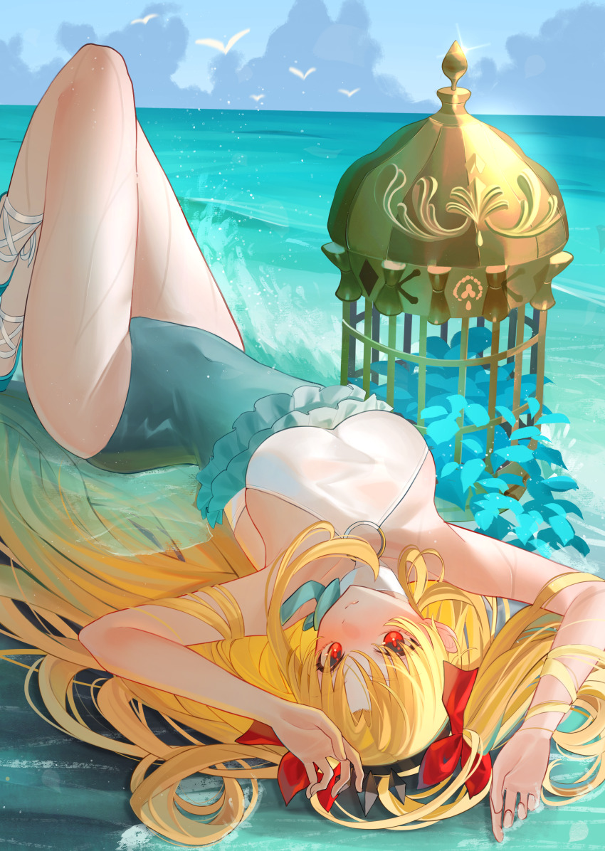 1girl absurdres arms_up birdcage blonde_hair blue_one-piece_swimsuit blue_sky blush breasts cage closed_mouth cloud commentary_request covered_navel day ereshkigal_(fate) fate/grand_order fate_(series) frilled_one-piece_swimsuit frills hair_ribbon hair_spread_out highleg highleg_one-piece_swimsuit highres knees_up large_breasts light_(nightty45) long_hair looking_at_viewer lying nose_blush o-ring o-ring_swimsuit ocean on_back one-piece_swimsuit outdoors partially_submerged red_eyes red_ribbon ribbon sky solo space_ereshkigal_(fate) space_ereshkigal_(first_ascension)_(fate) swimsuit two-tone_one-piece_swimsuit two-tone_swimsuit two_side_up upside-down water wet white_one-piece_swimsuit