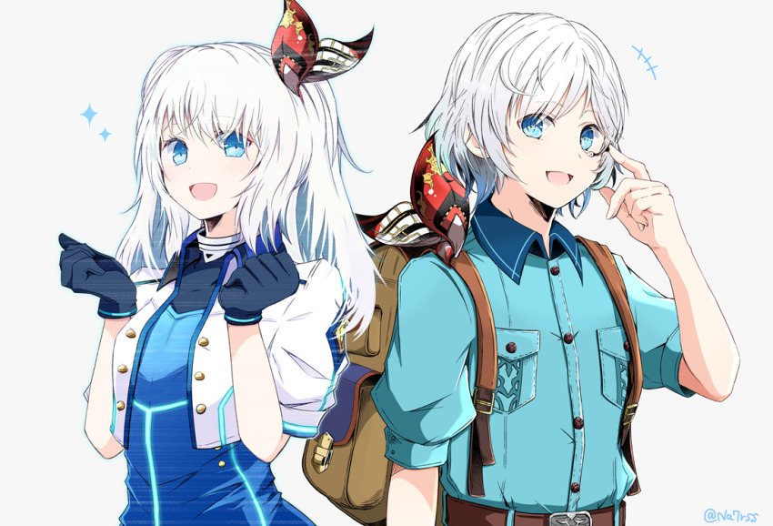 1boy 1girl aqua_shirt backpack bag black_gloves blue_eyes blue_shirt breasts brown_bag chadley_(ff7) collared_shirt cropped_jacket dual_persona final_fantasy final_fantasy_vii final_fantasy_vii_rebirth final_fantasy_vii_remake gloves hair_ribbon jacket long_hair mai_(ff7) medium_breasts monochrome nanao_(zonzonsh) neckerchief open_mouth print_neckerchief print_ribbon ribbon shirt short_hair smile twintails twitter_username upper_body white_hair white_jacket