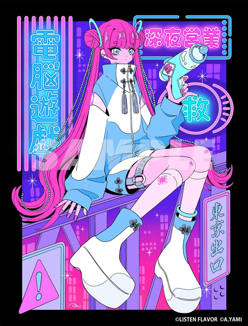 ! 1girl beads blue_eyes blue_jacket boots clothing_cutout double_bun ear_piercing energy_gun gun hair_beads hair_bun hair_ornament highres holding holding_gun holding_weapon jacket kneehighs leg_belt long_hair looking_to_the_side nakazawa_ayami neon_lights neon_palette original piercing pink_hair pink_nails pinky_out platform_boots platform_footwear ray_gun science_fiction socks tassel tenshi_kaiwai turtleneck turtleneck_jacket twintails weapon white_footwear white_socks