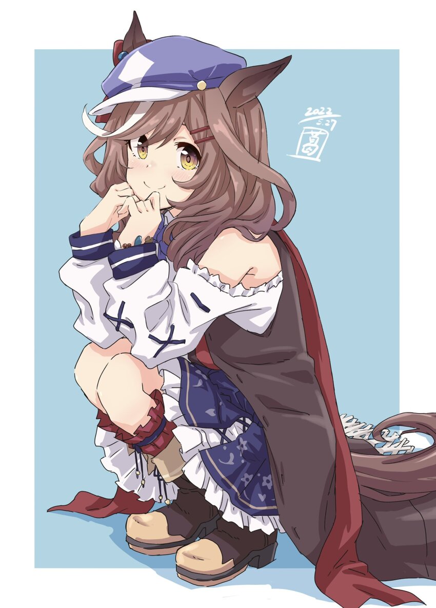 1girl animal_ears artist_logo blue_hat blue_skirt boots brown_footwear brown_hair brown_jacket closed_mouth dated gloves hair_ornament hairclip hat highres horse_ears horse_girl horse_tail jacket logo long_hair long_sleeves matikane_tannhauser_(umamusume) multicolored_hair off-shoulder_shirt off_shoulder red_socks sekiya_kuzuyu shirt skirt sleeveless sleeveless_jacket smile socks solo squatting streaked_hair tail umamusume white_gloves yellow_eyes