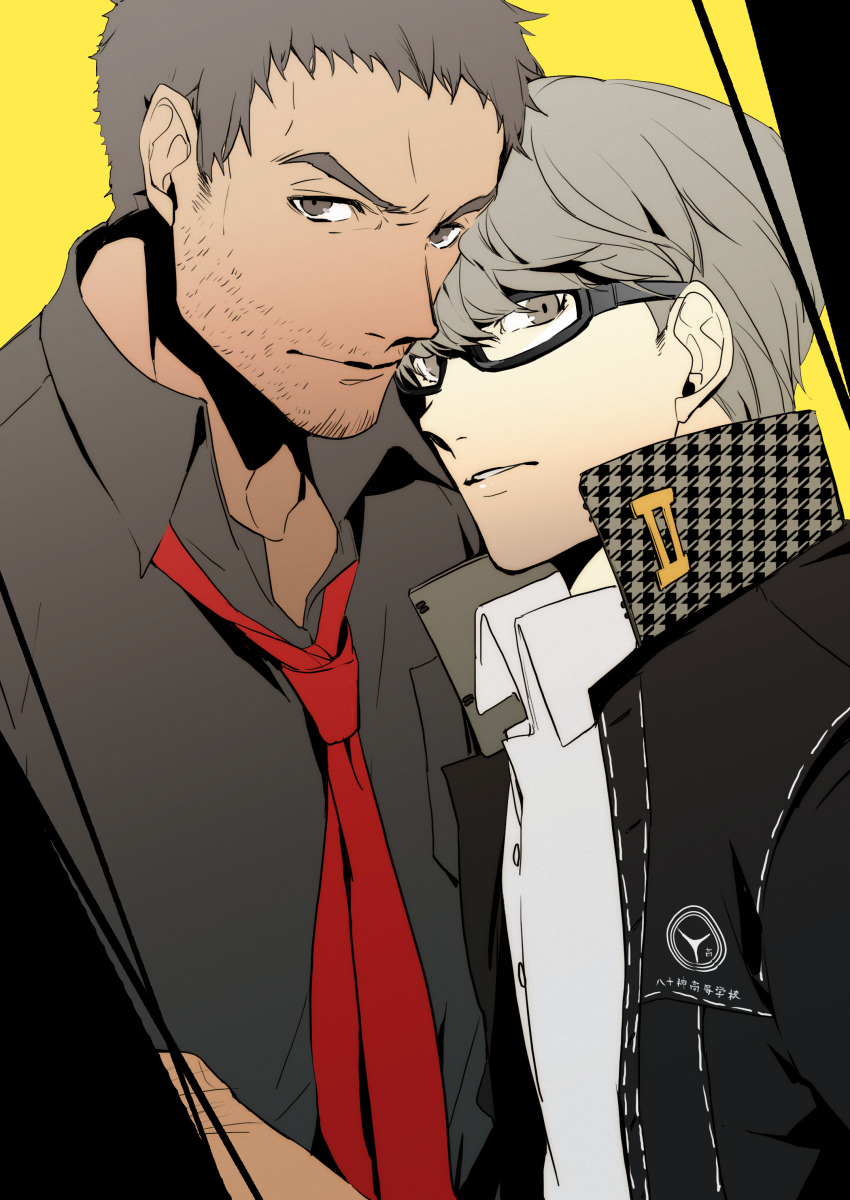 2boys absurdres beard_stubble black-framed_eyewear black_jacket brown_eyes collared_shirt commentary_request doujima_ryoutarou facial_hair glasses grey_eyes grey_hair grey_shirt high_collar highres jacket male_focus mature_male multiple_boys mustache_stubble narukami_yuu necktie no-kan open_clothes open_jacket parted_lips persona persona_4 red_necktie school_uniform shirt short_hair stubble upper_body white_shirt yaoi yasogami_school_uniform