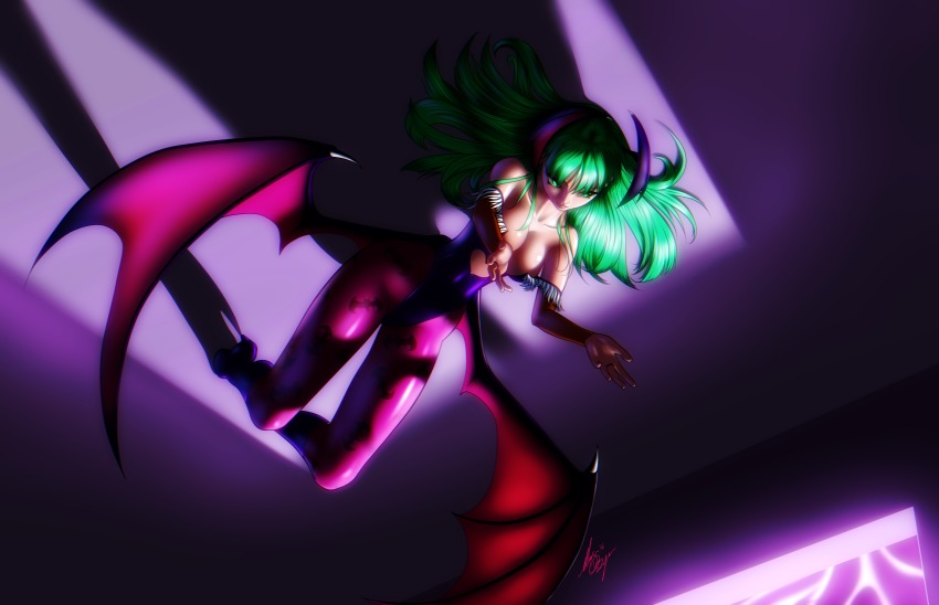 1girl absurdres animal_print bare_shoulders bat_print bat_wings breasts bridal_gauntlets cleavage clothing_cutout collarbone demon_girl from_below full_body green_eyes green_hair head_wings heart_cutout high_heels highres large_breasts leotard lightning lightning_bolt_symbol low_wings marquis_devon_burgess morrigan_aensland narrow_waist on_ceiling outstretched_arms pantyhose print_pantyhose purple_pantyhose shadow solo darkstalkers wings