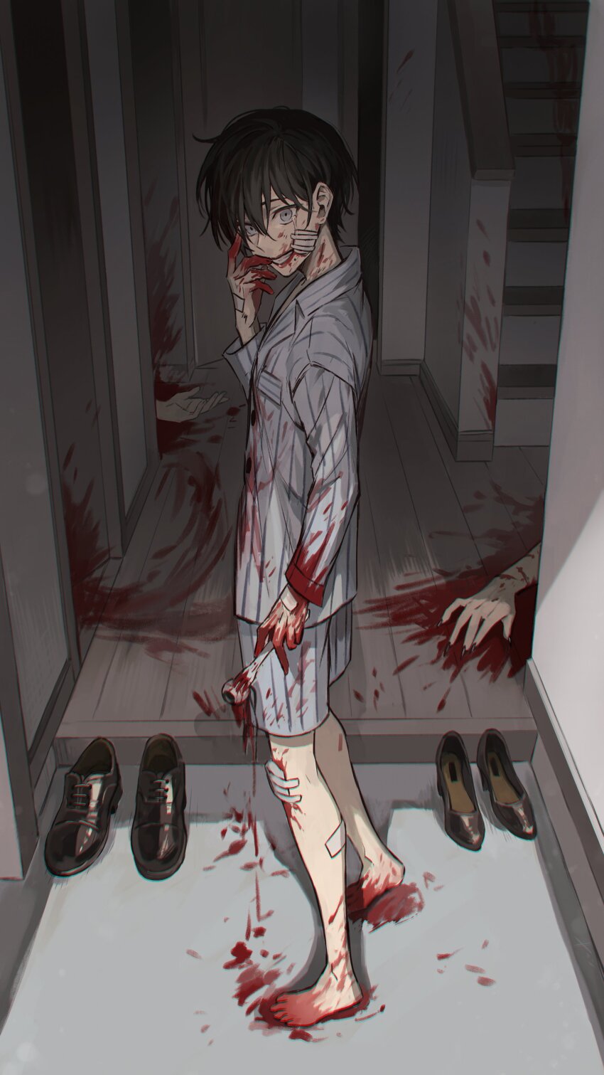 1boy absurdres bandaid bandaid_on_knee bandaid_on_leg barefoot black_hair blood blood_on_clothes blood_on_face blood_splatter blood_stain bloody_knife corpse death eyeball fork full_body grey_eyes grin guro highres holding holding_fork indoors knife looking_at_viewer male_focus murder muted_color nanin original pajamas red_lips short_hair smile solo stairs