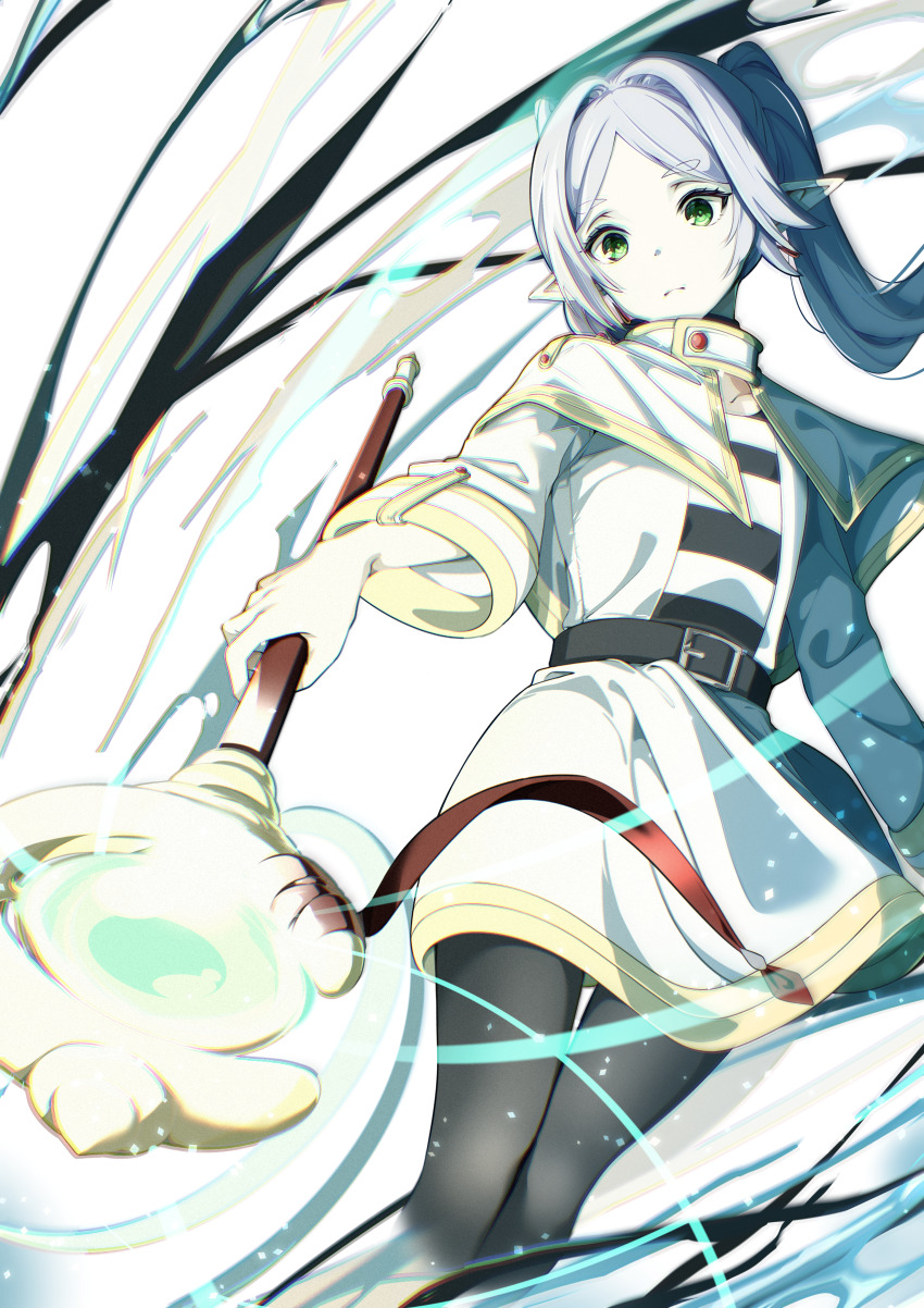 1girl absurdres black_leggings casting_spell elf feathermage frieren green_eyes highres holding holding_weapon leggings long_hair mage_staff pointy_ears sousou_no_frieren weapon white_hair