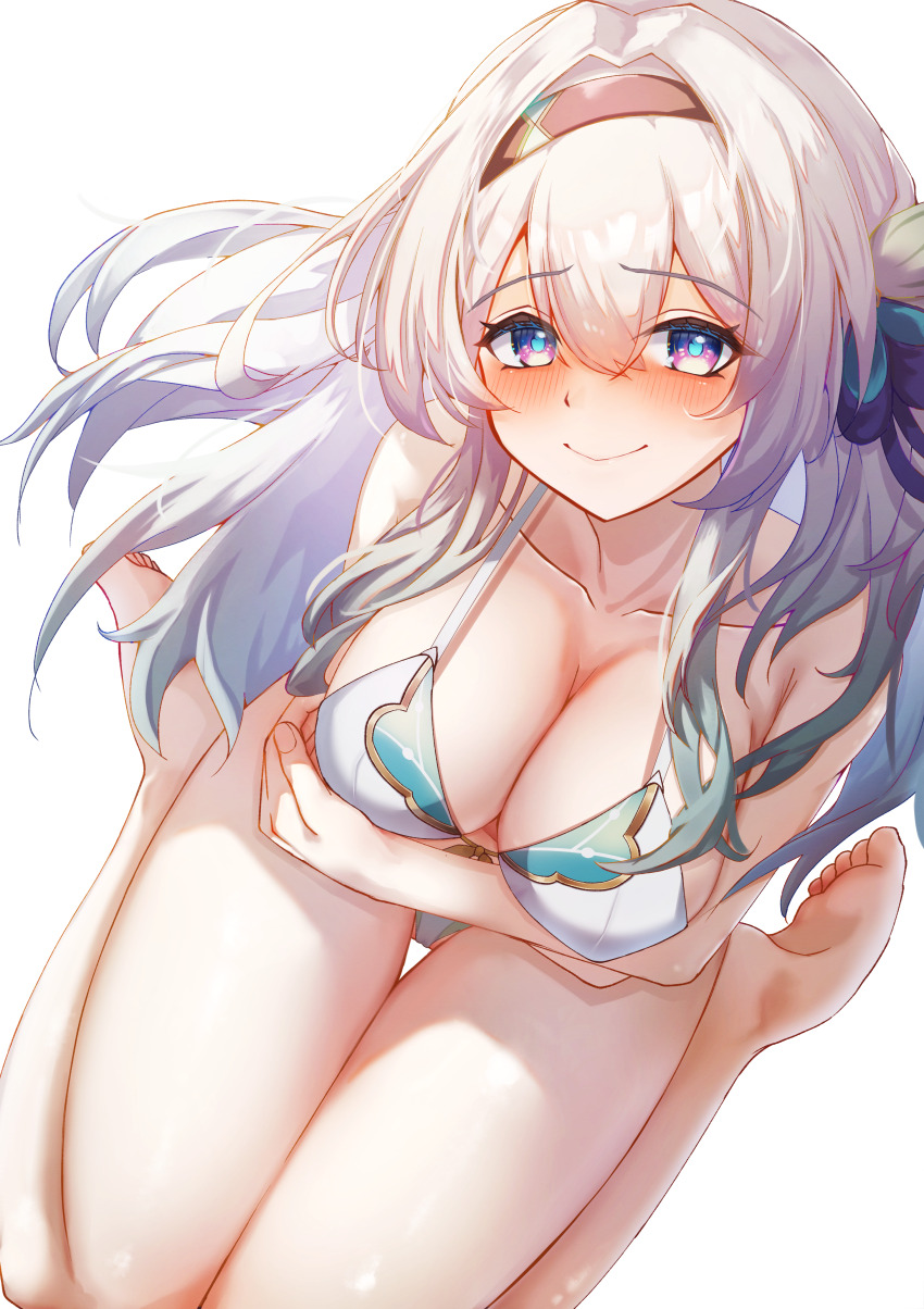 1girl absurdres arms_under_breasts barefoot bikini black_hairband blush breasts cleavage closed_mouth collarbone commentary_request crossed_arms feet firefly_(honkai:_star_rail) from_above hair_between_eyes hairband highres honkai:_star_rail honkai_(series) large_breasts long_hair memeiradesuyo simple_background sitting smile solo swimsuit thighs white_background white_bikini white_hair