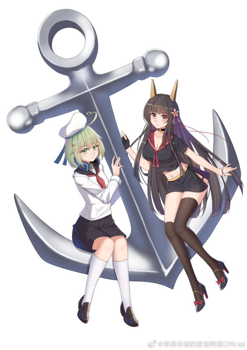 2girls ahoge akagi_(warship_girls_r) alternate_costume anchor anchor_symbol belt beret black_choker black_footwear black_gloves black_hair black_sailor_collar black_shirt black_skirt blunt_bangs breasts chichengde_haotidu_afusang choker cleavage closed_mouth collarbone crop_top fingerless_gloves flower full_body gloves green_eyes green_hair hair_flower hair_ornament hat high_heels highres kneehighs large_breasts loafers long_hair long_sleeves looking_at_viewer midriff miniskirt multiple_girls navel neckerchief pleated_skirt red_eyes red_neckerchief ribbon sailor_collar sailor_hat school_uniform serafuku shirt shoes short_hair short_sleeves shorts simple_background single_thighhigh sitting skirt smile socks stomach thighhighs very_long_hair warship_girls_r watermark weibo_logo weibo_watermark white_background white_shirt