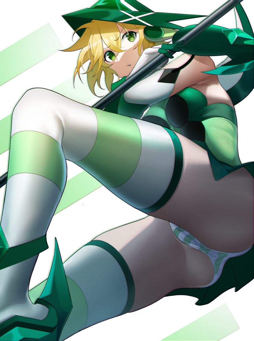 1girl absurdres akatsuki_kirika ass blonde_hair breasts elbow_gloves gloves green_eyes green_leotard green_skirt headgear highres leotard medium_breasts scythe senki_zesshou_symphogear short_hair skirt solo striped upskirt usagits_00