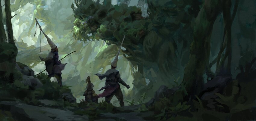 3boys beard belt black_belt boots bracer brown_hair brown_pants brown_tunic clenched_hand commentary day english_commentary facial_hair fantasy forest from_behind full_body grass hat high_belt highres holding holding_polearm holding_weapon log long_sleeves male_focus moss multiple_boys nature oliver_ryan original pants polearm rock scenery short_hair tree tunic weapon white_hat