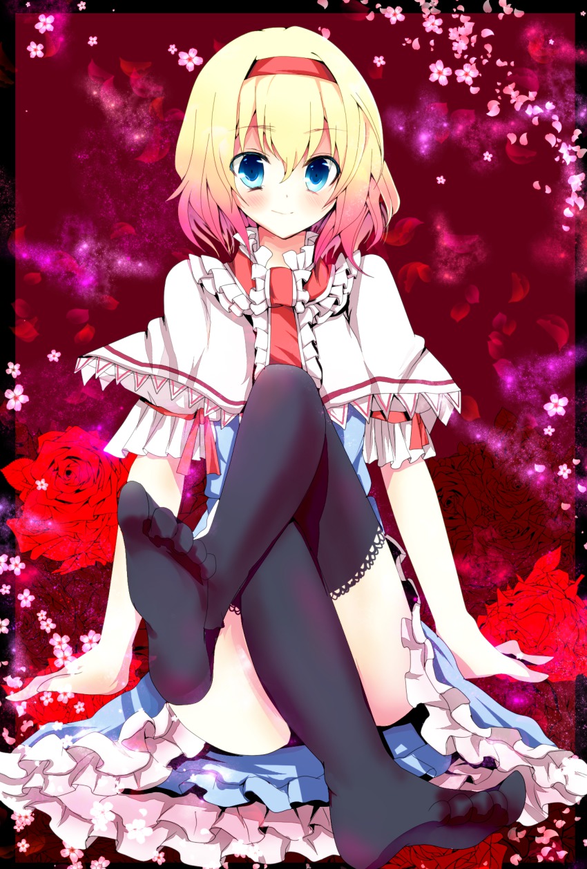 1girl alice_margatroid black_thighhighs blonde_hair blue_eyes capelet cherry_blossoms crossed_legs dress feet female_focus flower foot_focus hairband highres kurekore no_shoes petals red_flower red_rose rose short_hair sitting smile solo thighhighs touhou