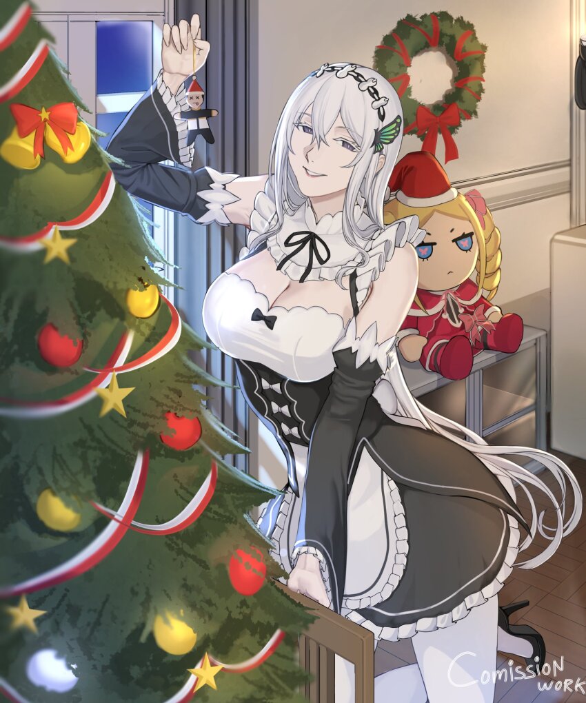 1boy 2girls bare_shoulders beatrice_(re:zero) black_footwear black_ribbon breasts christmas christmas_tree cleavage commentary echidna_(re:zero) english_commentary feet_out_of_frame hair_ornament hairband hat high_heels highres holding holding_toy kneeling lips long_hair looking_at_viewer maid medium_breasts merry_christmas multiple_girls natsuki_subaru neck_ribbon open_mouth pantyhose parted_lips purple_eyes re:zero_kara_hajimeru_isekai_seikatsu ribbon santa_hat seilindekos sidelocks smile solo toy white_hair white_pantyhose