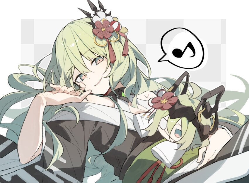 2girls ahoge alternate_costume black_kimono breasts cleavage commentary_request eyepatch flower green_eyes green_hair hair_flower hair_ornament highres honkai_(series) honkai_impact_3rd japanese_clothes kimono klein_(honkai_impact) long_hair lying medical_eyepatch mobius_(honkai_impact) multiple_girls musical_note nonaa4141 on_back slit_pupils spoken_musical_note