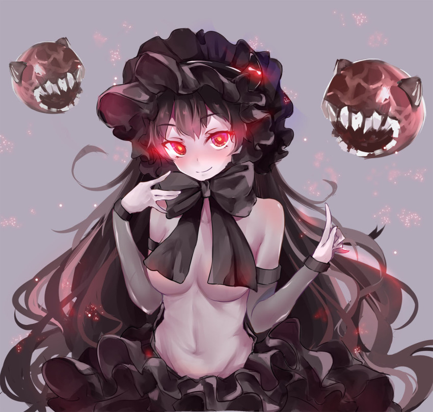 10s 1girl abyssal_ship alternate_breast_size arm_warmers black_bow black_hair bonnet bow breasts dango_(dangowalolicon) female_focus glowing glowing_eyes gothic_lolita highres horns isolated_island_oni kantai_collection lolita_fashion long_hair medium_breasts red_eyes smile solo topless