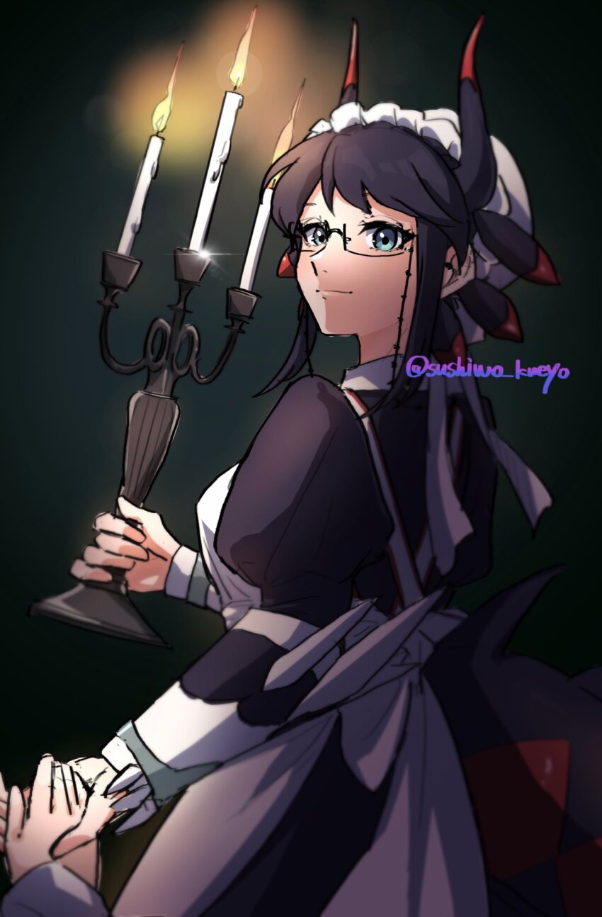 1girl black_hair blue_eyes candle dark_background duel_monster fire glasses highres holding holding_candle house_dragonmaid looking_at_viewer looking_back maid maid_headdress pov semi-rimless_eyewear solo_focus tokiwajing under-rim_eyewear upper_body yu-gi-oh!