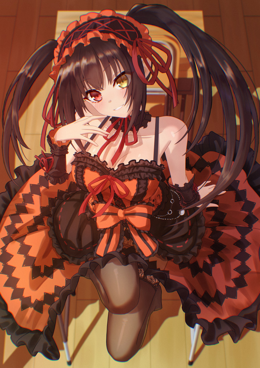 1girl absurdres bare_shoulders black_hair breasts classroom cleavage clock_eyes date_a_live dress frilled_dress frilled_hairband frills gothic_lolita hairband heterochromia highres lolita_fashion lolita_hairband looking_at_viewer neck_ruff orange_dress red_dress red_eyes shadow smile solo symbol-shaped_pupils table taqielang teeth tokisaki_kurumi twintails two-tone_dress yellow_eyes