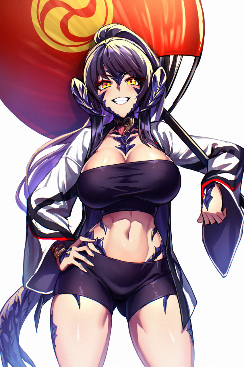 1girl au_ra bike_shorts black_hair black_shirt black_shorts breasts cleavage commission dragon_horns dragon_tail final_fantasy final_fantasy_xiv gluteal_fold grin hand_fan hand_on_own_hip highres holding holding_fan horns jacket large_breasts lips long_hair looking_at_viewer open_mouth oversized_object paper_fan ponytail samael_(5211) sapphira_nyx scales shirt shorts simple_background skeb_commission smile solo tail teeth uchiwa warrior_of_light_(ff14) white_background white_jacket